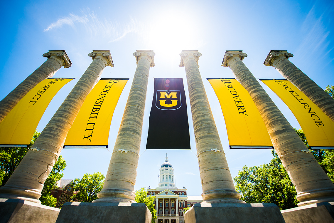 Respect, Responsibility, Discovery and Excellence banners. The Quad. Jesse Hall.